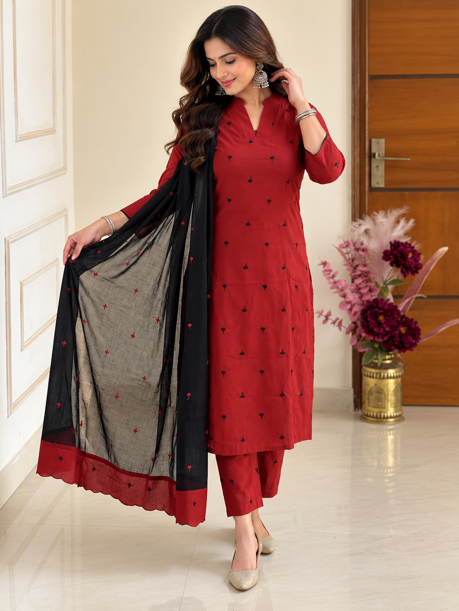 Women's Maroon & Black Cotton Embroidered A-Line Designer Suit Set with Scalloped Dupatta