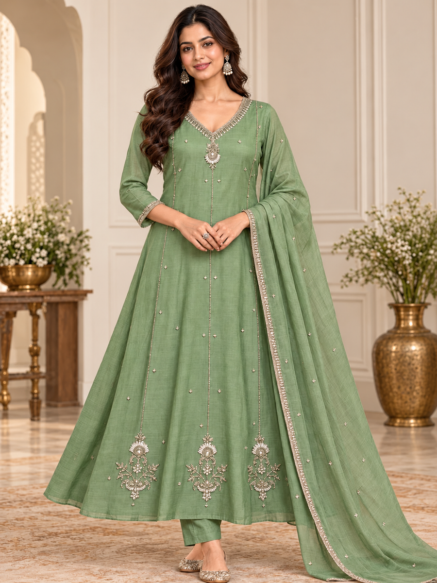 Women's Sage Green Pure Mul Maslin Designer Suit Set with Heavy Hand Zardozi Work & Dupatta