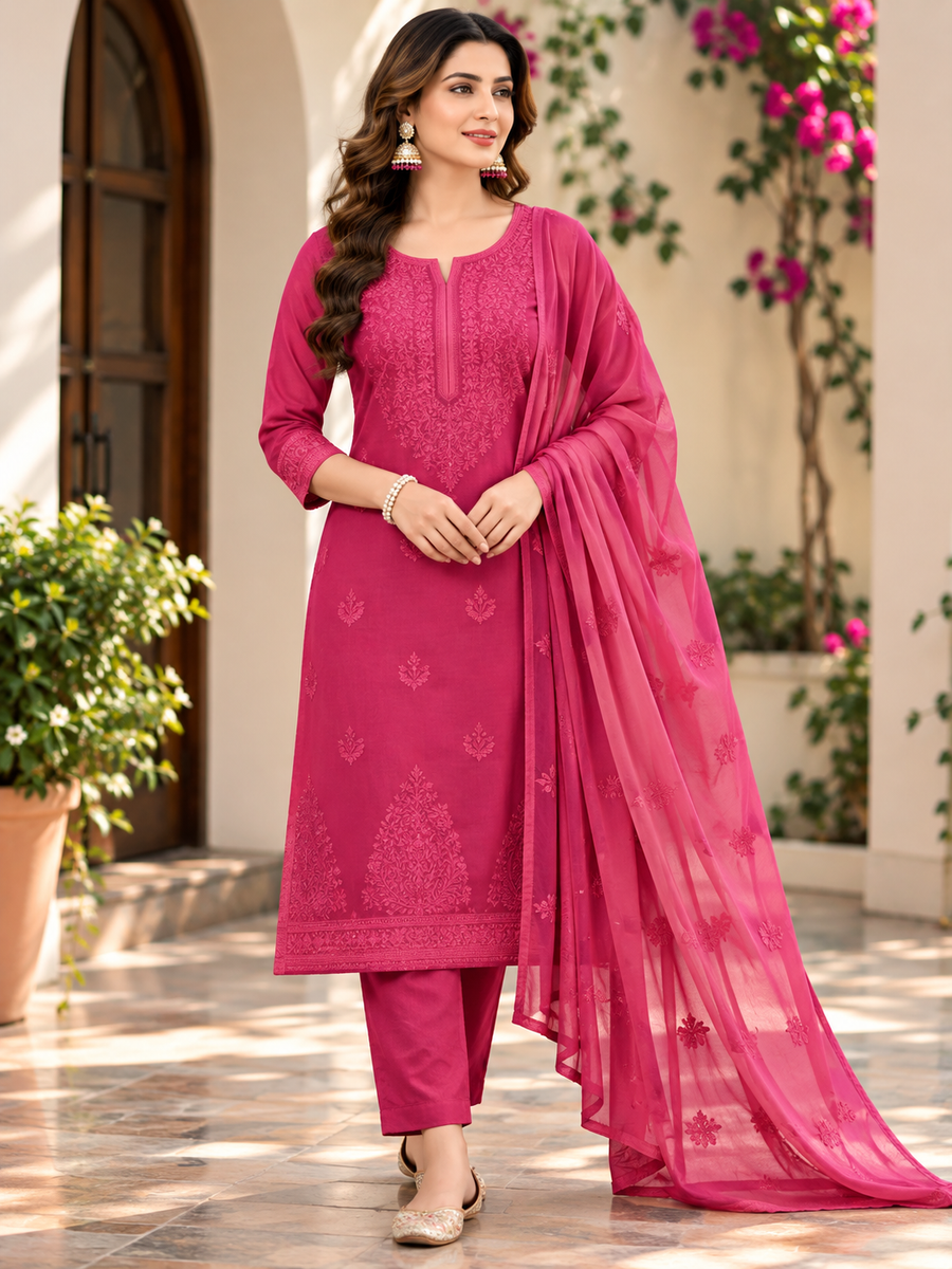Women's Pink Kanjivaram Fabric Designer Suit Set with Adda & Embroidery Work
