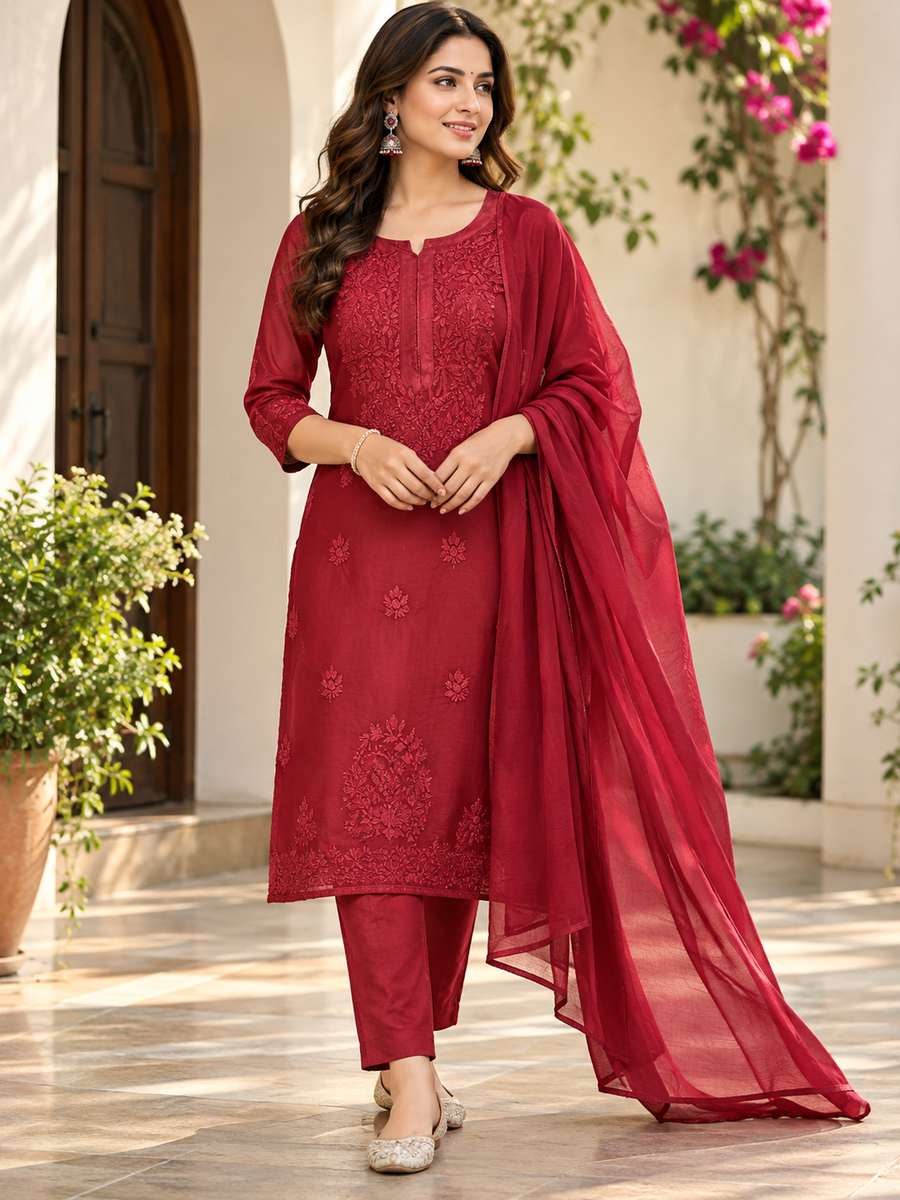 Women's Crimson Red Heavy Cotton Designer Suit Set with Hand & Embroidery Work
