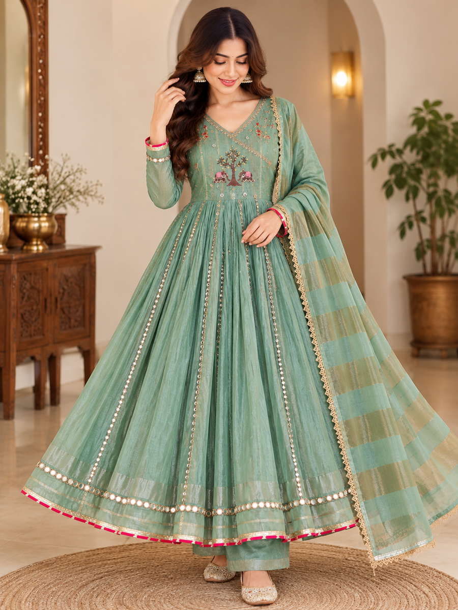 Women's Sage Green Mul Chanderi Designer Suit Set with Original Mirror Handwork