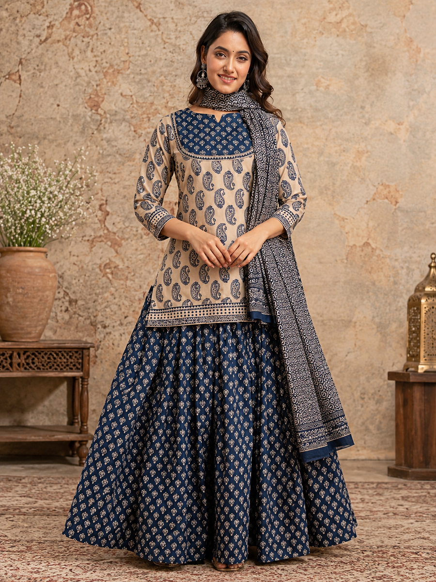 Women's Navy Blue & Beige Printed Heavy Cotton Kurti Pant Dupatta Set
