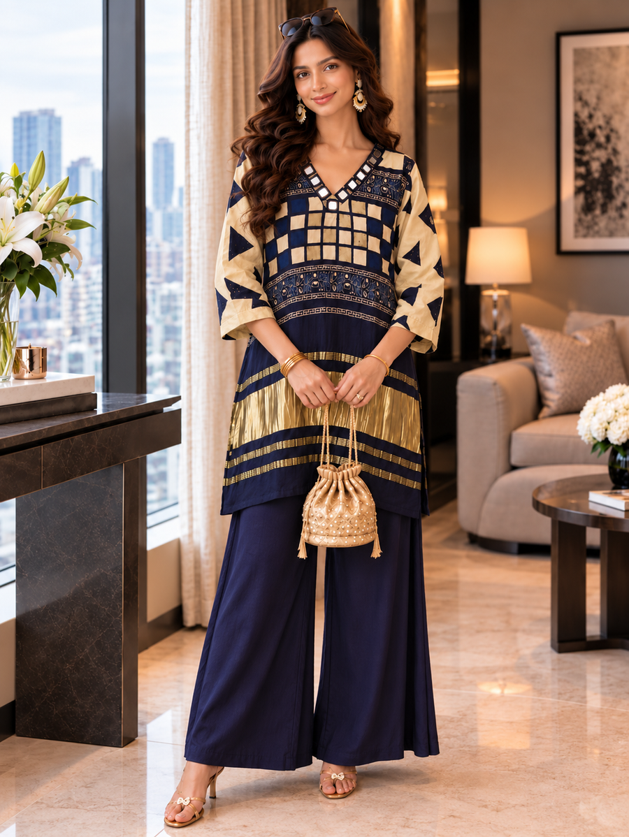 Women's Midnight Navy Gajji Silk Designer Co-Ord Set with Real Mirror Handwork