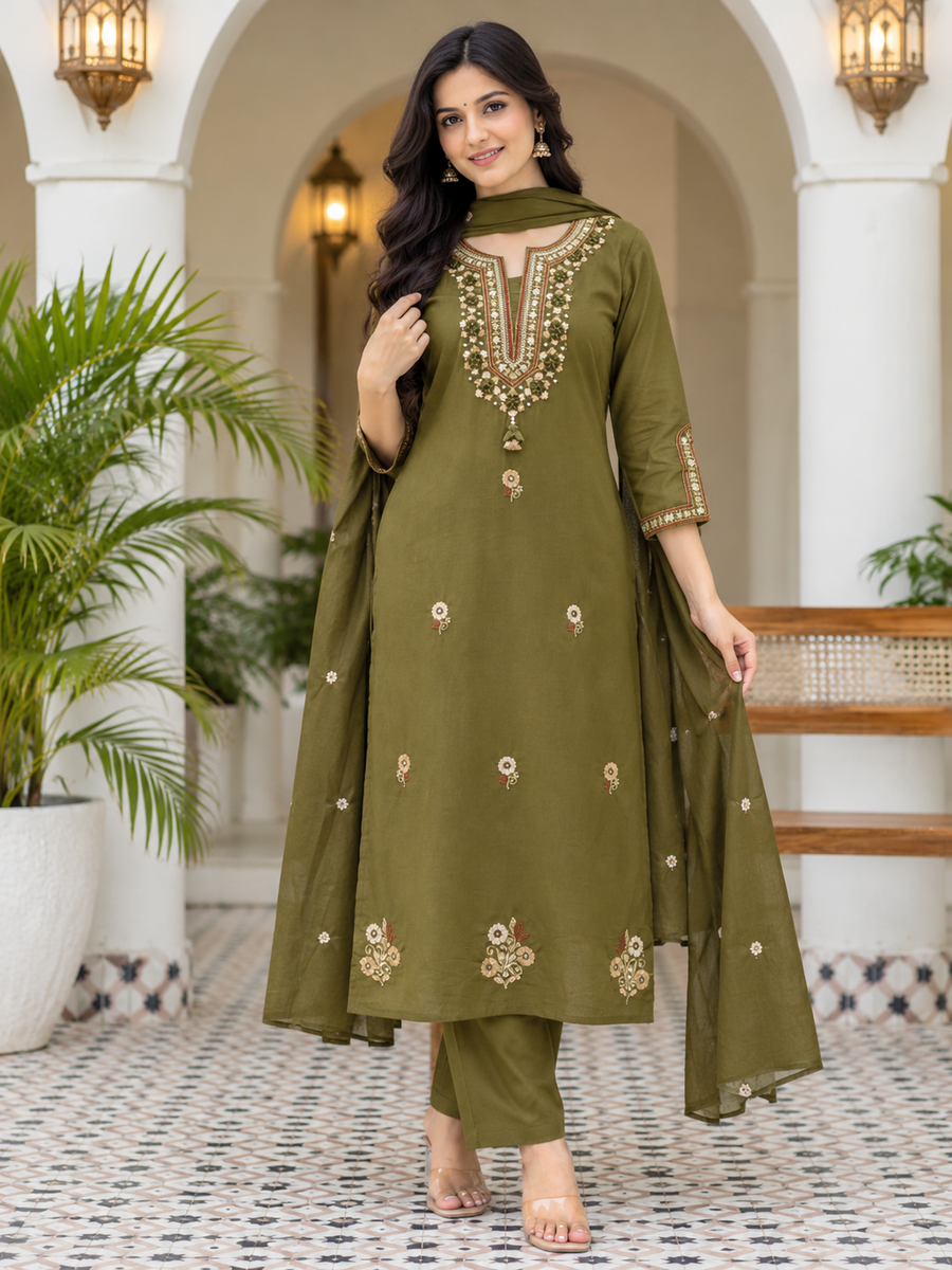 Women's Olive Green Premium Cotton Designer Suit Set with Thread, Mirror & Sequin Work