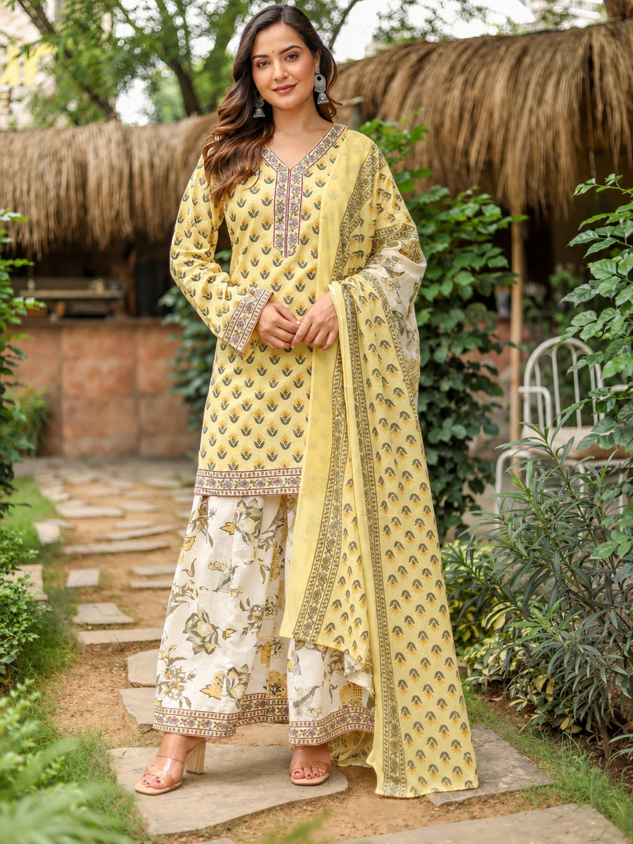 Women's Yellow Mul Chanderi Printed 3-Piece Suit Set with Embroidery & Designer Dupatta