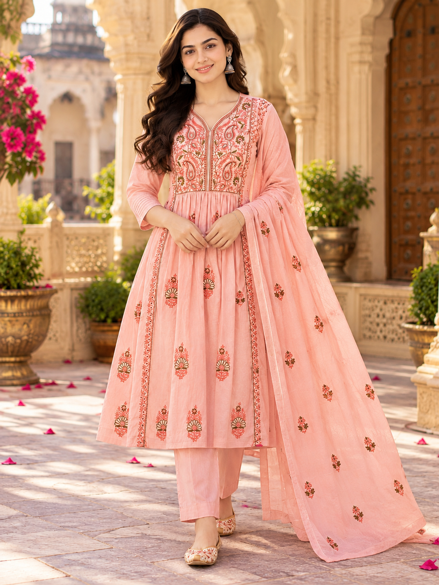Women's Peach Pink Mul Chanderi Embroidered 3-Piece Anarkali Suit Set with Dupatta