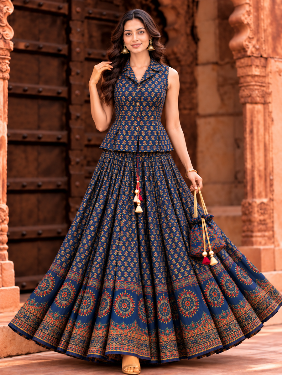 Women's Navy Blue & Mustard ND Kurtis Printed Cotton Top & Flared Skirt Set