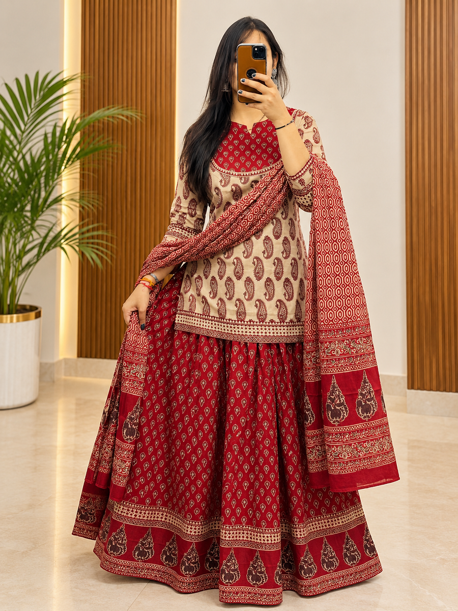 Women's Maroon & Beige Printed Heavy Cotton Kurti Pant Dupatta Set