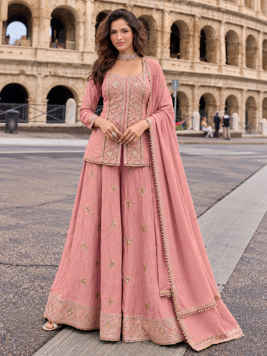 Women's Blush Pink Heavy Cotton Embroidered Kurti Pant Dupatta Set | Sayuri Designer