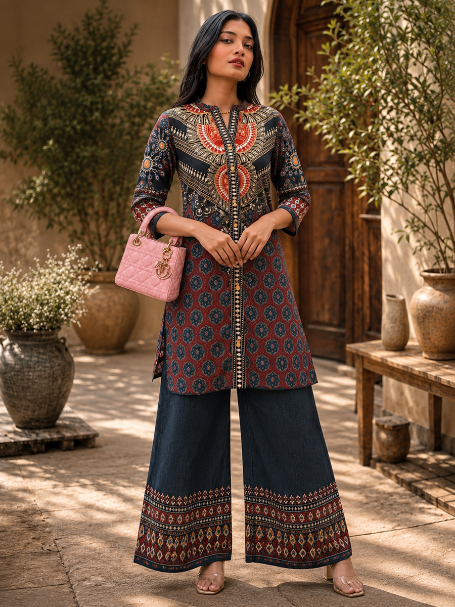 Women's Premium Viscose Crepe Ajrakh Printed 2-Piece Suit Set with Sequin Detailing