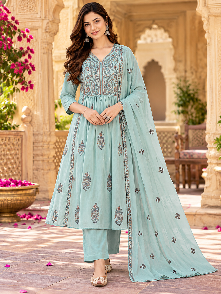 Women's Aqua Blue Mul Chanderi Embroidered 3-Piece Anarkali Suit Set with Dupatta
