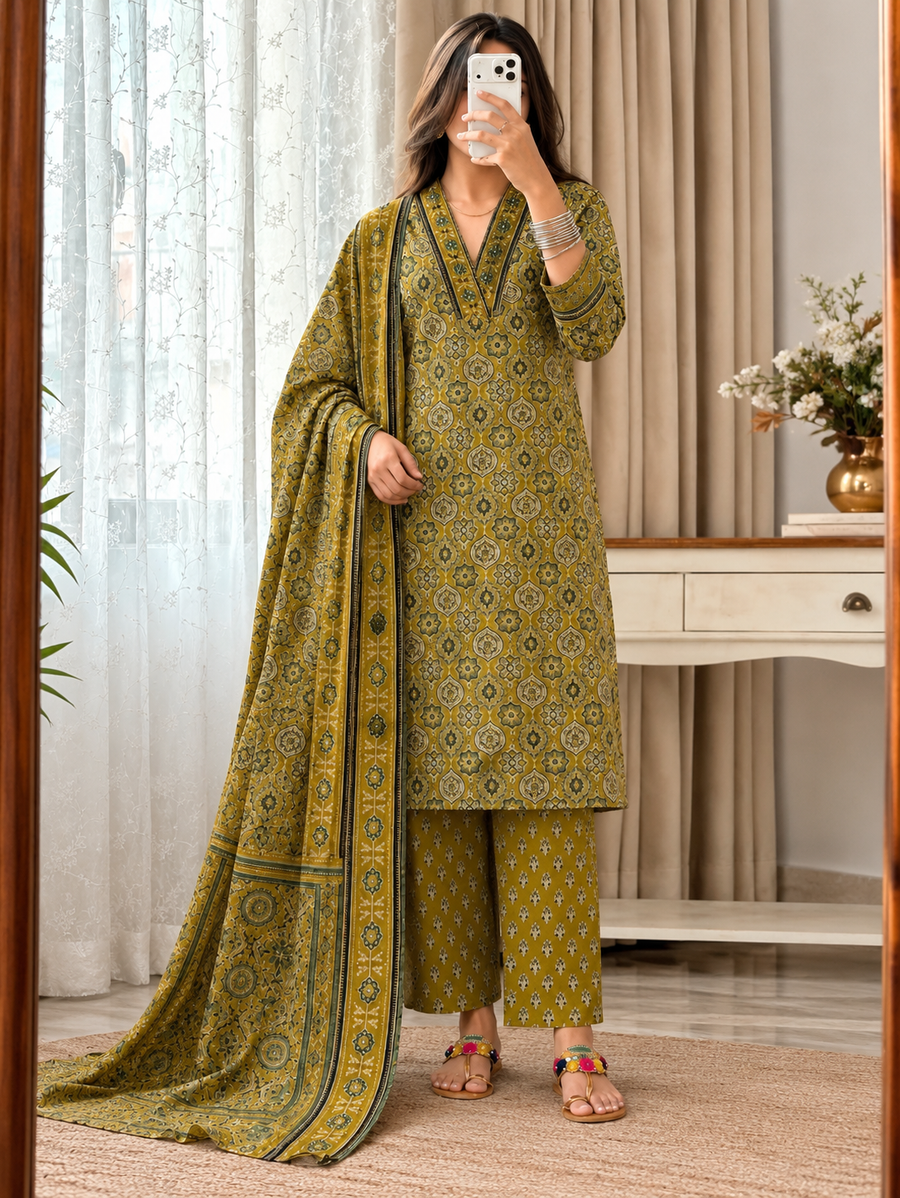 Women's Olive Green Pure Cotton Bandhani Print Anarkali Suit Set with Dupatta