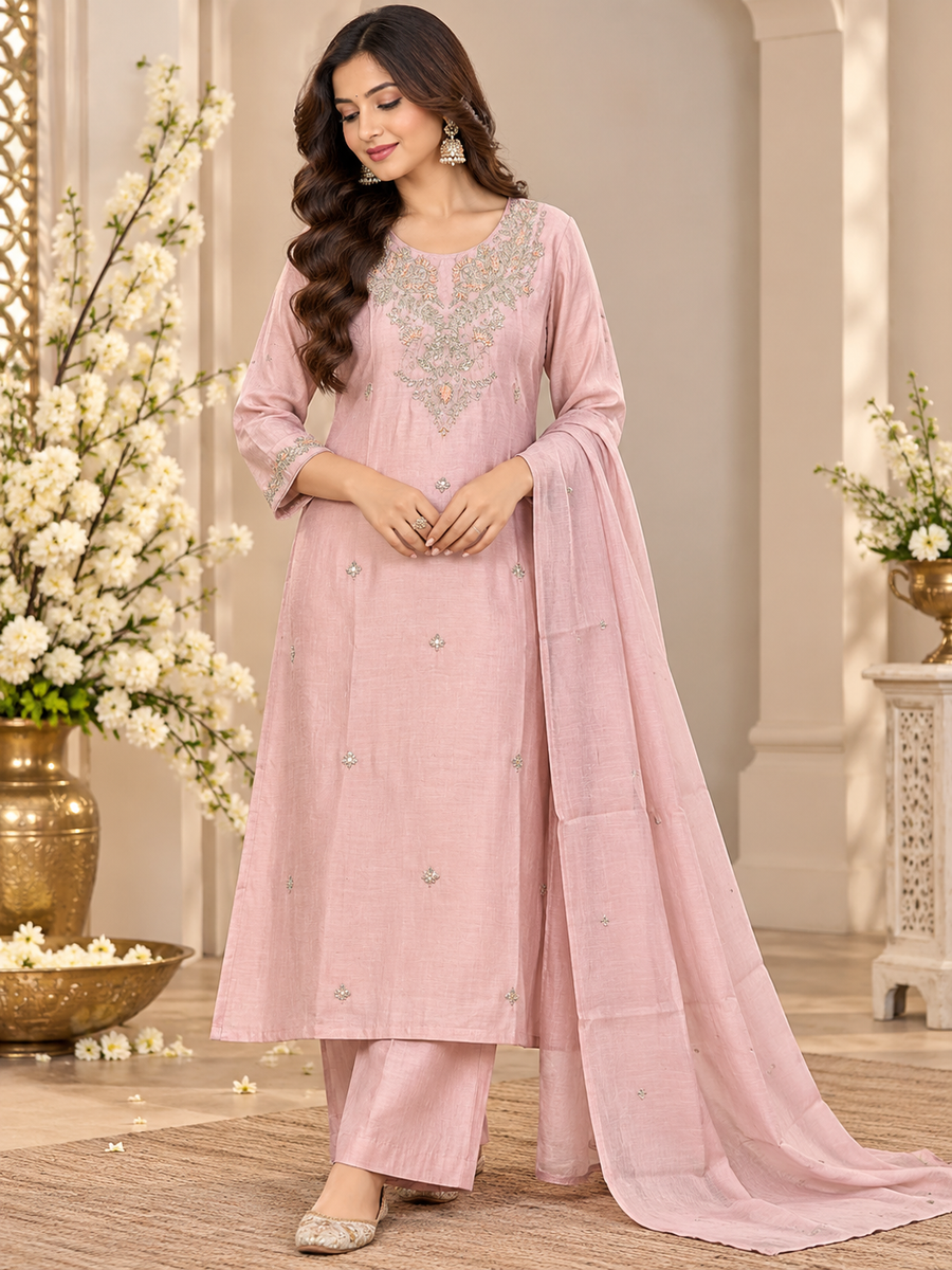 Women's Blush Pink Pure Russian Silk Designer Suit Set with Moti & Dabka Work and Pure Silk Dupatta