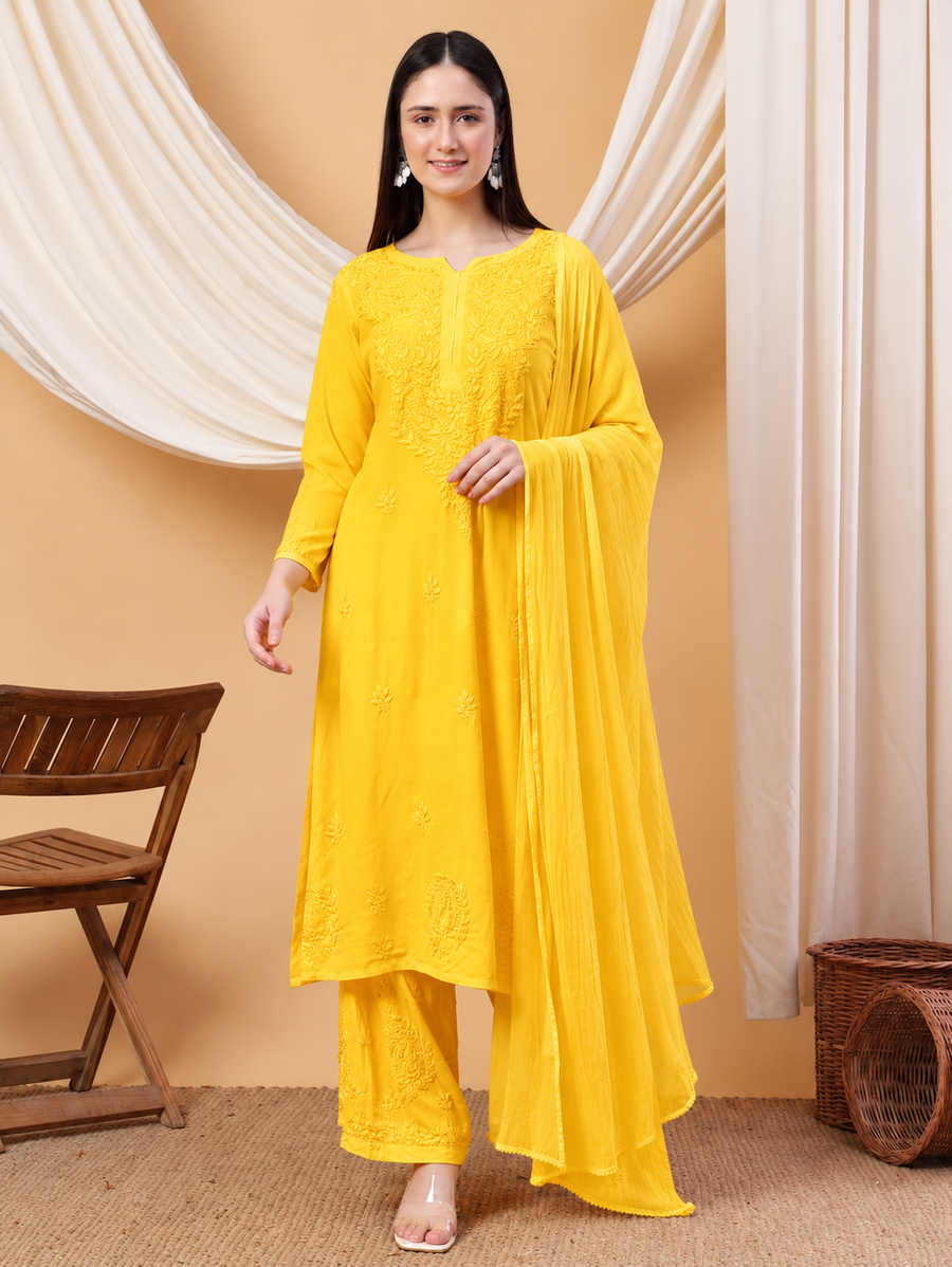 Women's Sunshine Yellow Rayon Chikankari Designer Suit Set with Handcrafted Embroidery