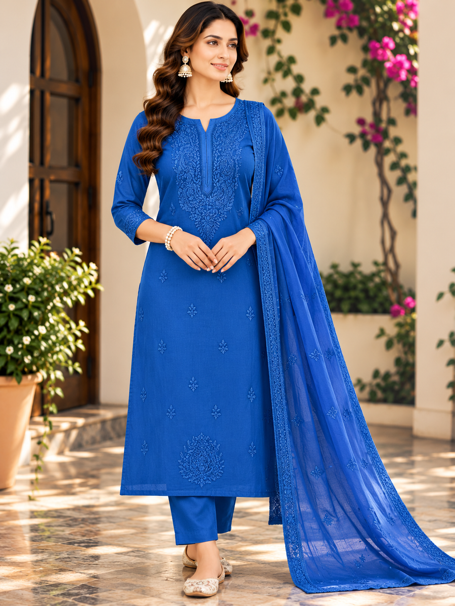 Women's Royal Blue Kanjivaram Fabric Designer Suit Set with Adda & Embroidery Work