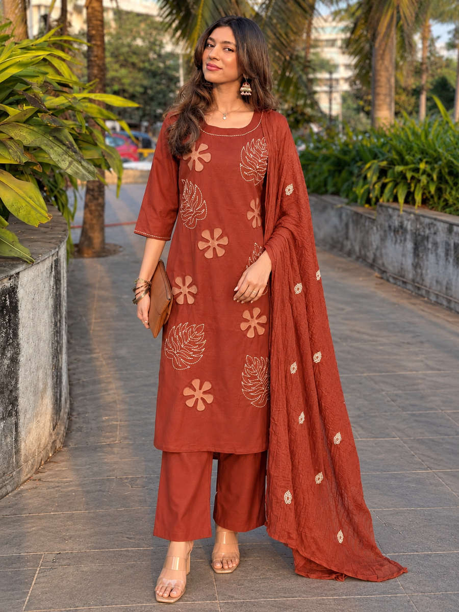 Women's Terracotta Rust Heavy Cotton Designer Suit Set with Hand & Embroidery Work