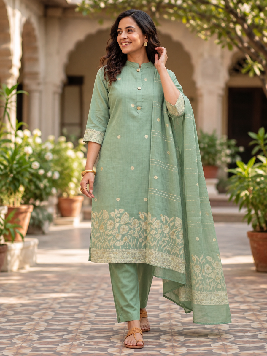 Women's Sage Green Mul Chanderi Designer Suit Set with Hand & Threadwork