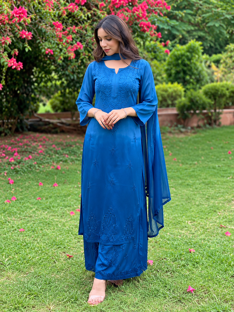 Women's Royal Blue Rayon Chikankari Designer Suit Set with Handcrafted Embroidery
