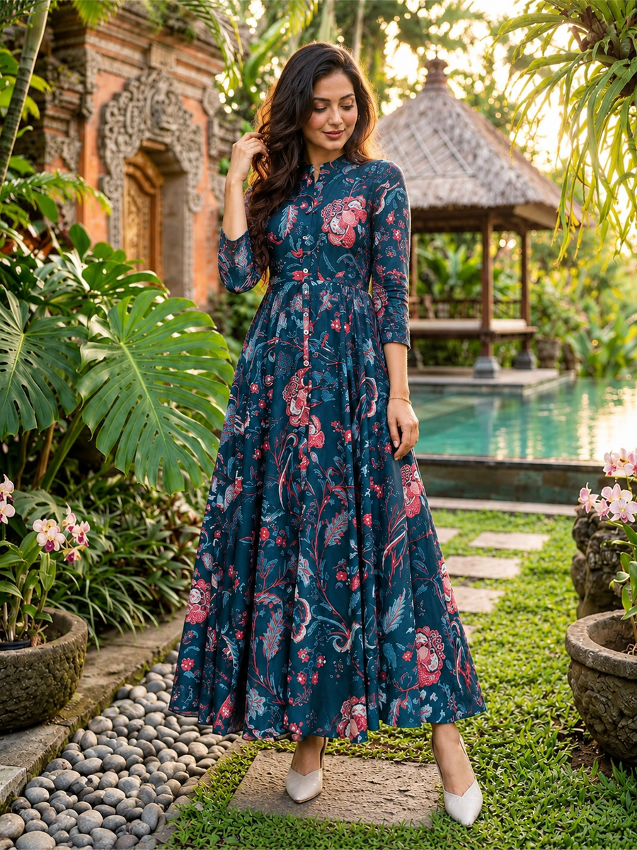 Women's Teal Blue Rayon Floral Designer Suit Set with Handcrafted Chikankari Embroidery