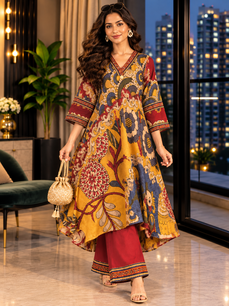 Women's Mustard & Maroon Viscose Silk Kalamkari Printed Co-Ord Set with Handwork