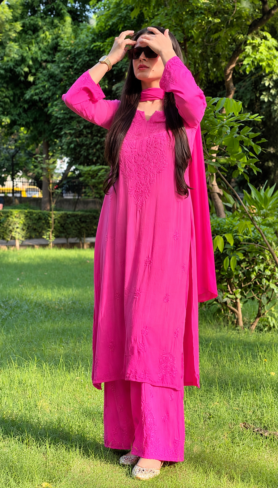 Women's Fuchsia Pink Rayon Chikankari Designer Suit Set with Handcrafted Embroidery