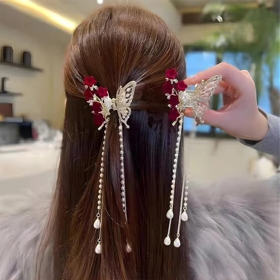 Luxury Butterfly Hair Claw Clip – Rhinestones, Velvet Flowers & Pearls