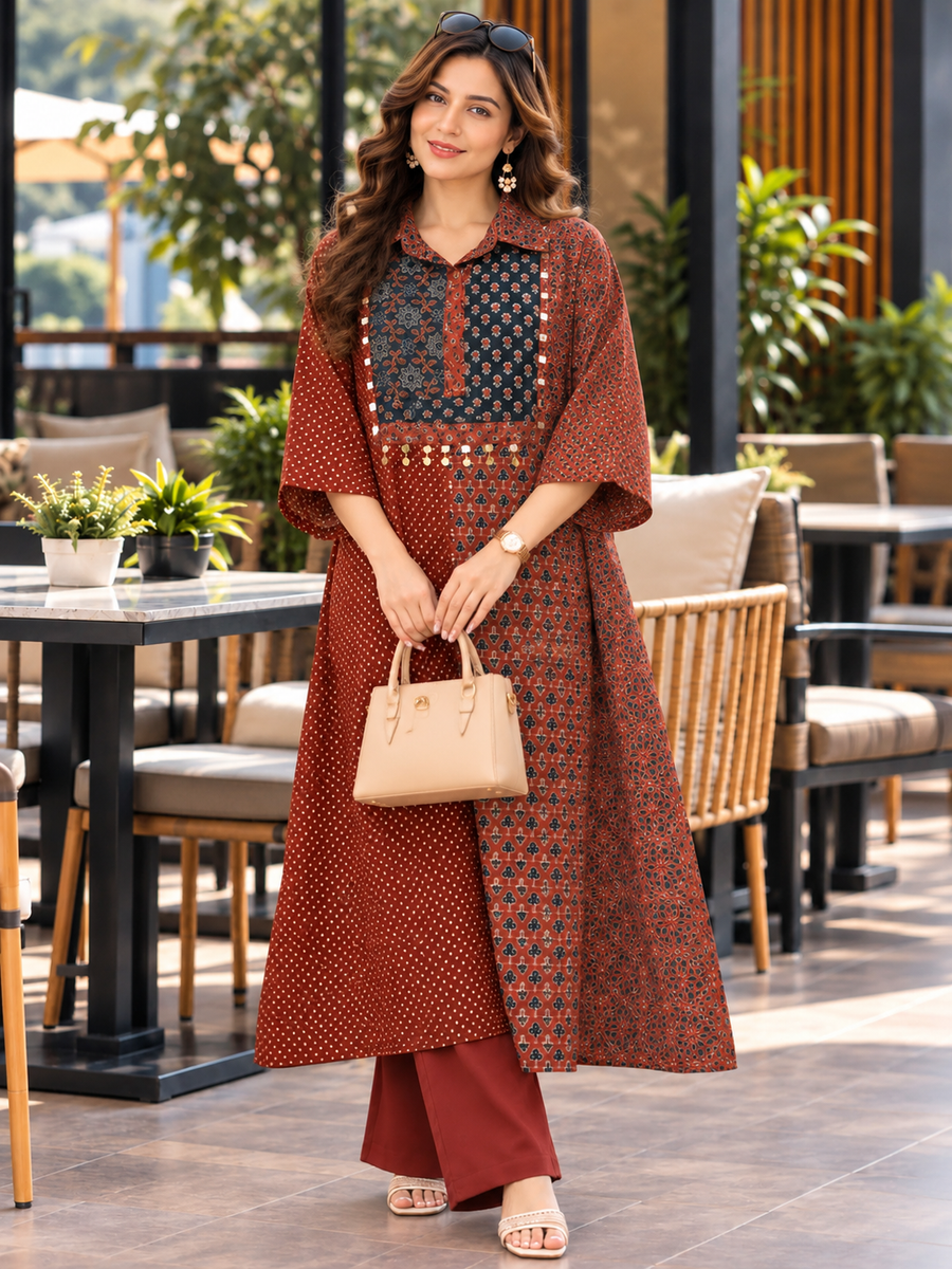 Women's Rust Brown & Charcoal Cotton Ajrakh Print Kaftan Set with Real Mirror & Coin Latkan Work