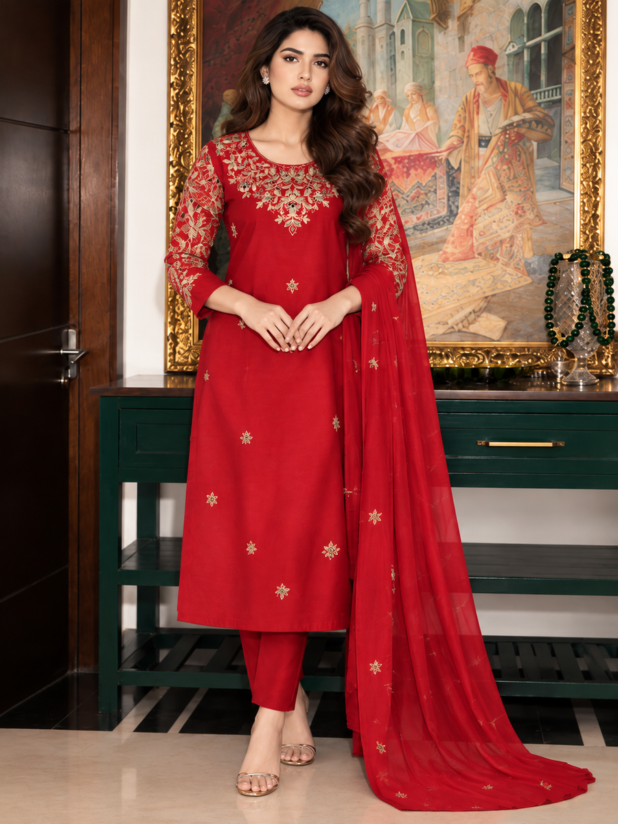 Women's Ruby Red Mul Chanderi Designer Suit Set with Hand & Threadwork