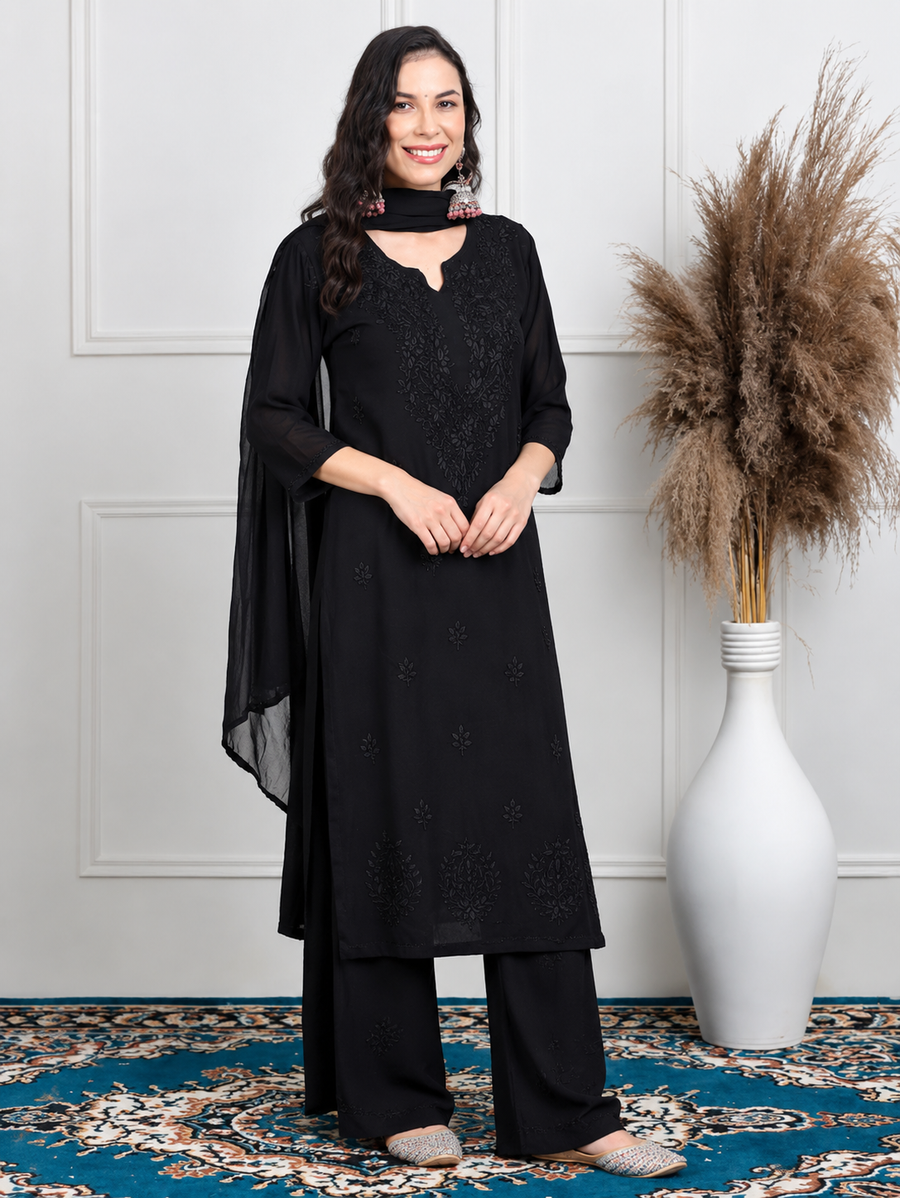 Women's Midnight Black Rayon Chikankari Designer Suit Set with Handcrafted Embroidery