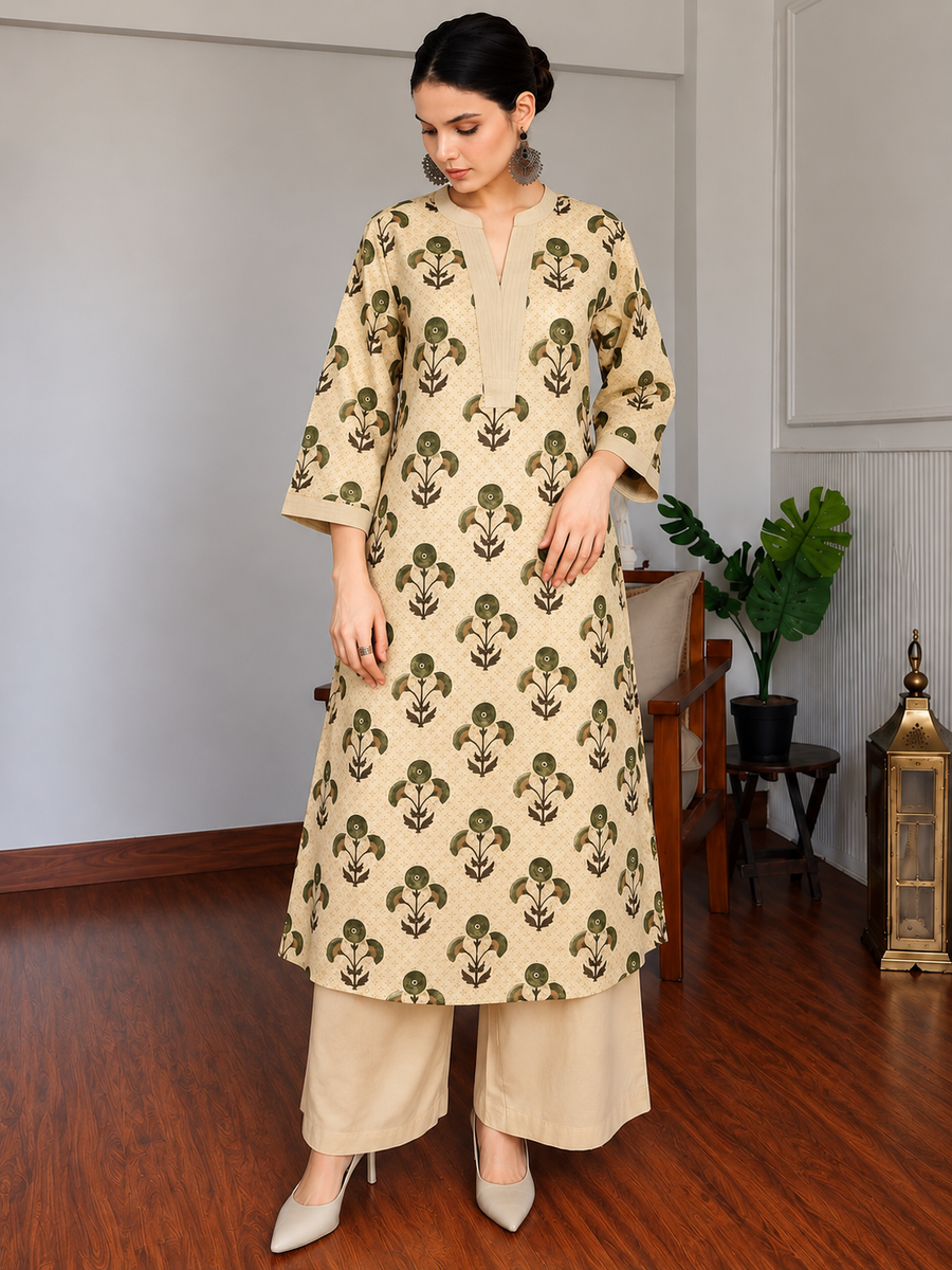 Women's Beige Mul Chanderi Printed 3-Piece Suit Set with Embroidery Work