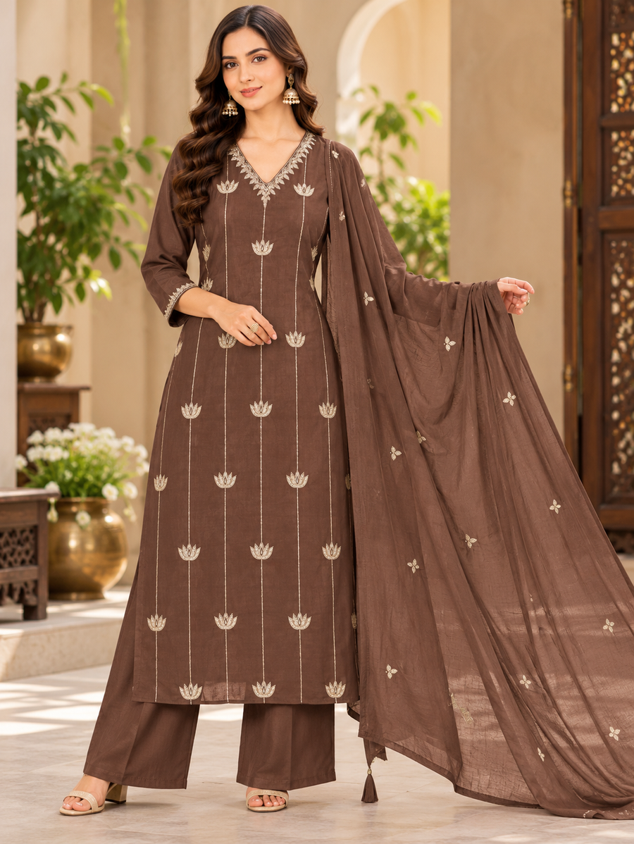 Women's Chocolate Brown Premium Fine Cotton Kurti Pant Dupatta Set with Real Mirror & Thread Work