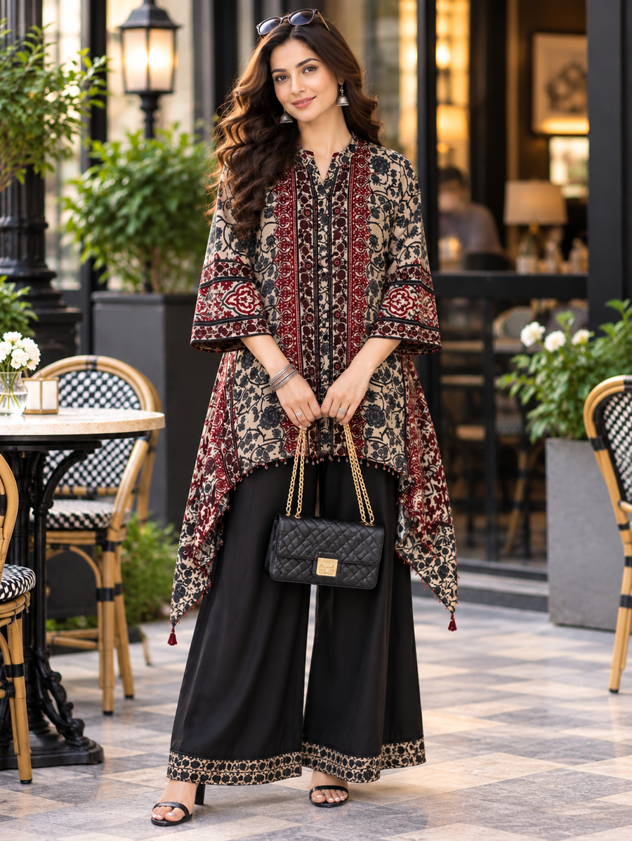 Women's Black & Burgundy Printed Natural Crepe Co-Ord Set with Designer Buttons & Bead Latkans