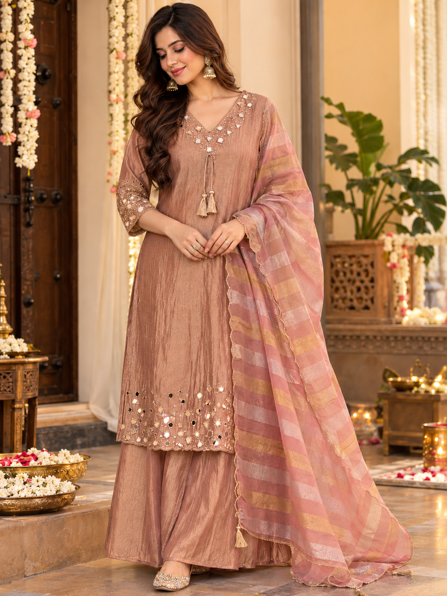 Women's Rose Gold Blush Salsa Fabric Indo-Western Suit Set with Mirror Work & Multicolor Scallop Dupatta