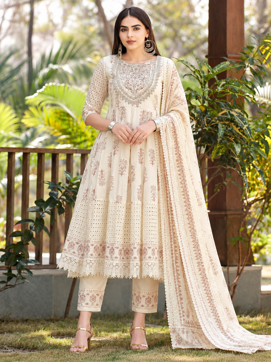 Women's Cream Printed Anarkali Suit Set with Embroidery Neck Work & Pure Cotton Dupatta