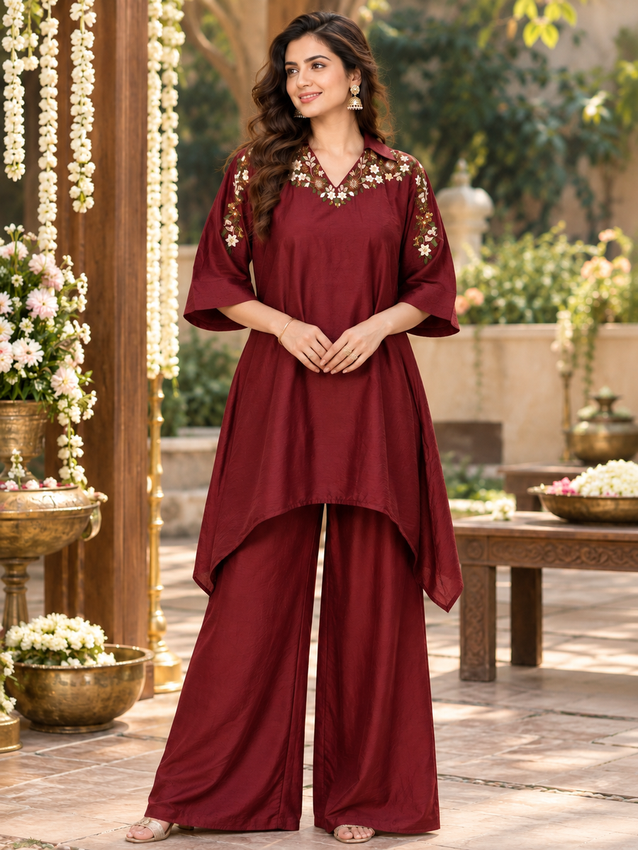 Women's Maroon Russian Silk Indo-Western 2-Piece Set with Floral Thread Embroidery