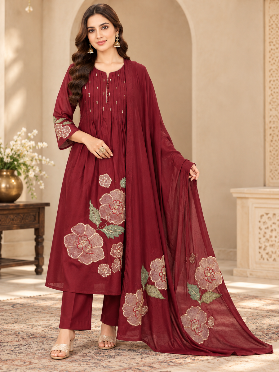 Women's Maroon Pure Mul Chanderi Designer Suit Set with Hand Applique Work