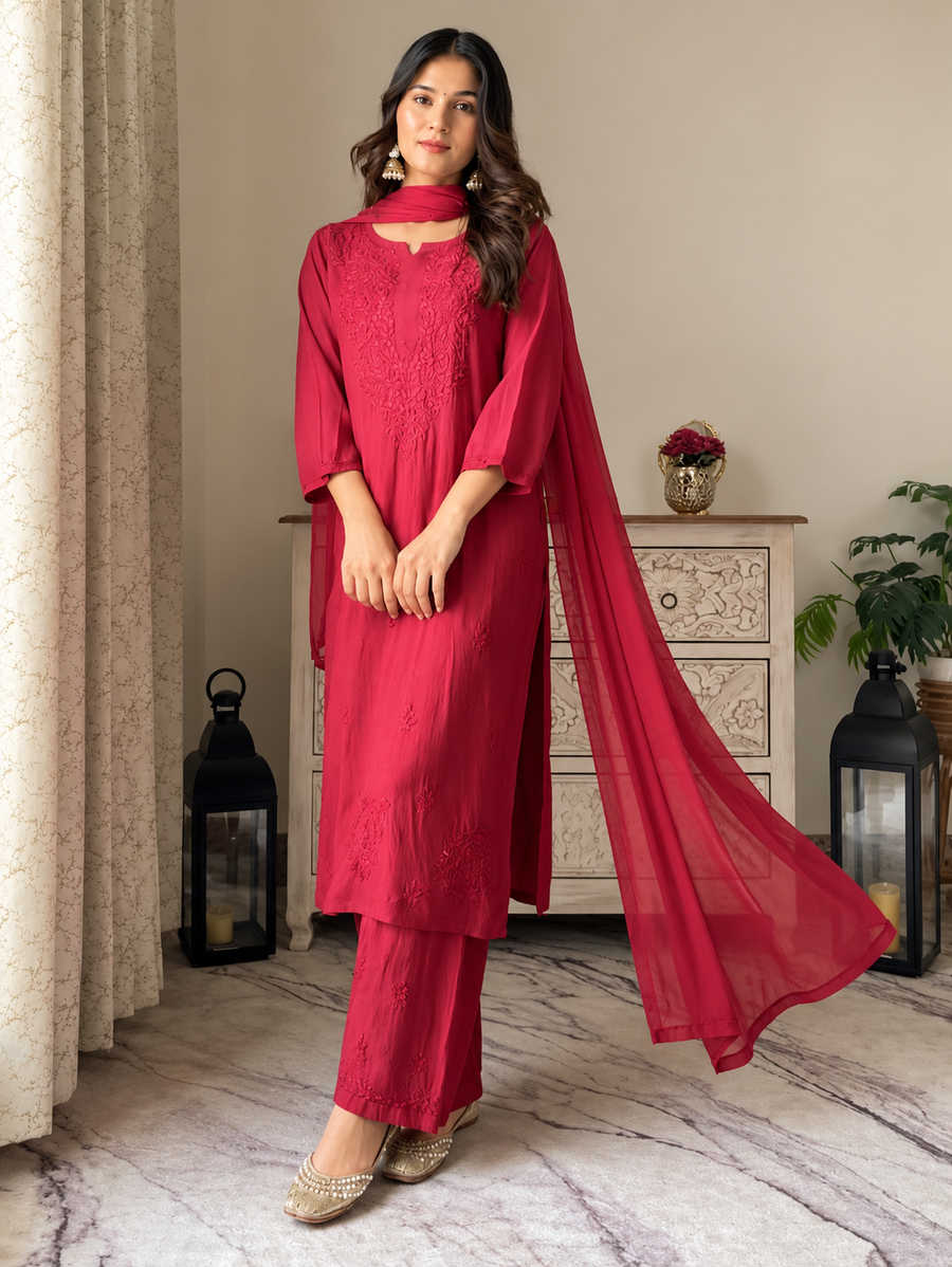 Women's Rani Pink Rayon 3-Piece Designer Set with Chikankari Embroidery