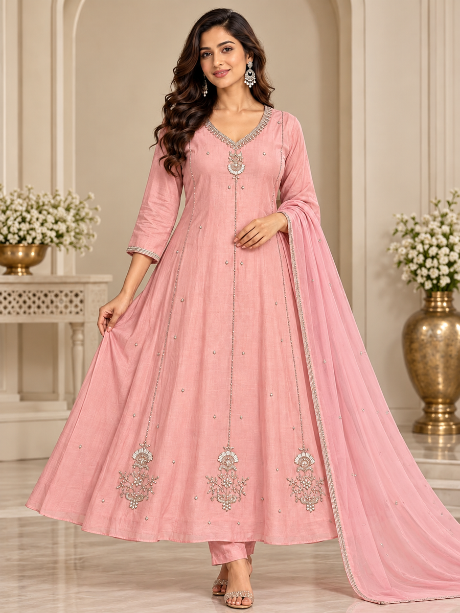Women's Blush Pink Pure Mul Chanderi Designer 3-Piece Suit Set with Heavy Handwork