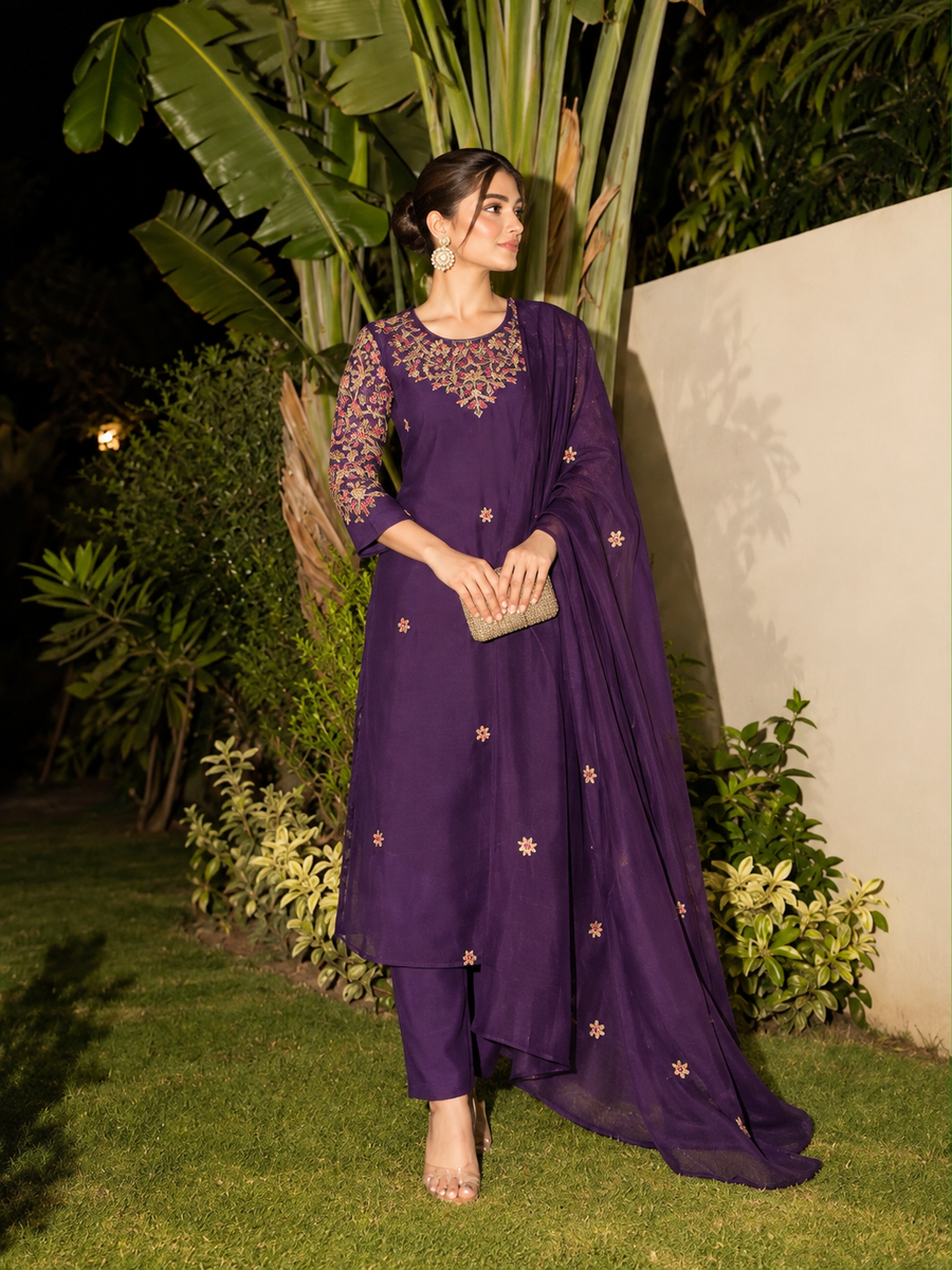 Women's Plum Mul Chanderi Designer Suit Set with Hand & Threadwork