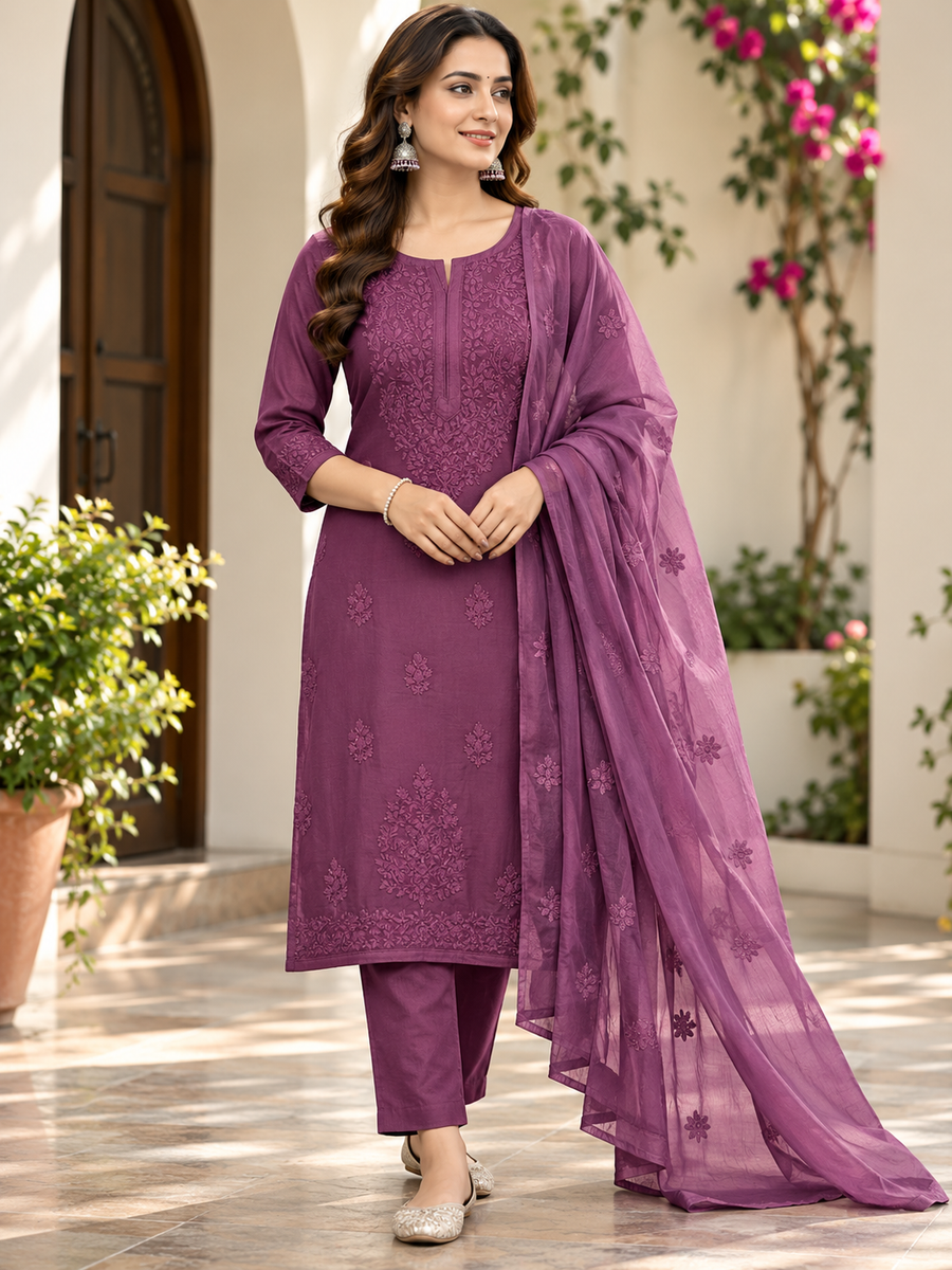 Women's Purple Kanjivaram Fabric Designer Suit Set with Adda & Embroidery Work