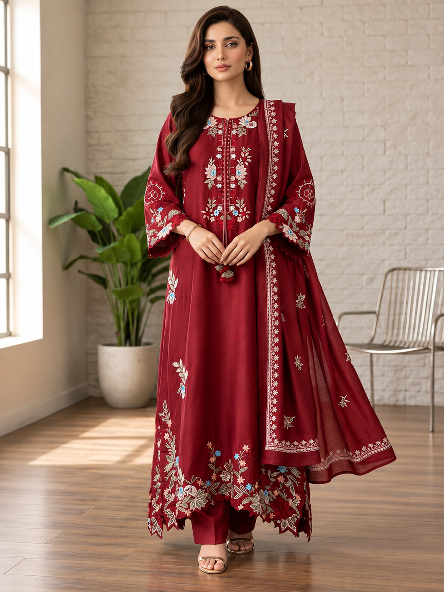 Women's Maroon Red Heavy Cotton Embroidered Kurti Pant Dupatta Set