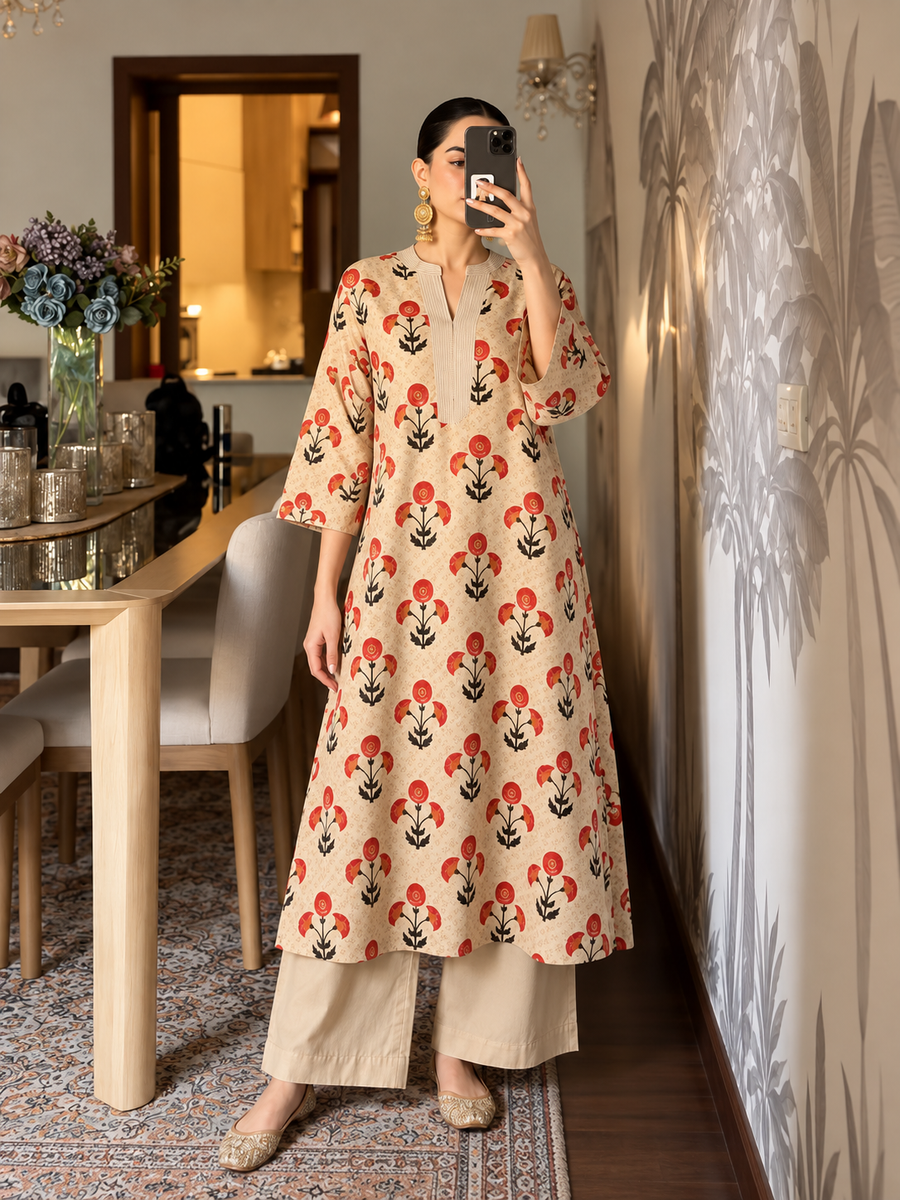 Women's Beige Mul Chanderi Printed 3-Piece Suit Set with Embroidery Work
