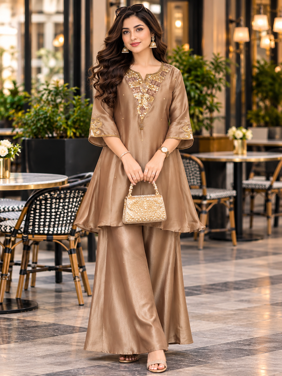 Women's Champagne Beige Kanjivaram Designer Co-Ord Set with Heavy Adda Work