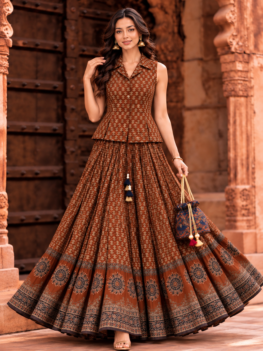 Women's Rust Brown & Black ND Kurtis Printed Cotton Peplum Top & Flared Skirt Set