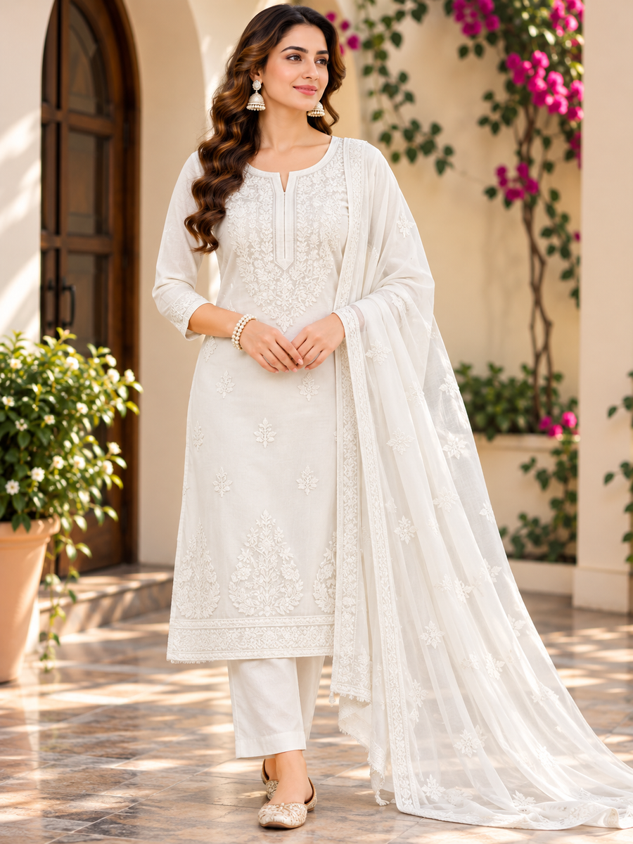 Women's White Kanjivaram Fabric Designer Suit Set with Adda & Embroidery Work