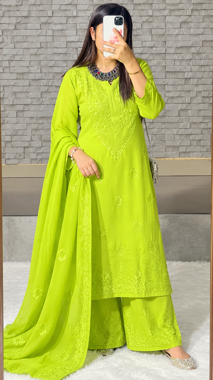 Women's Lime Green Rayon Chikankari Designer Suit Set with Handcrafted Embroidery