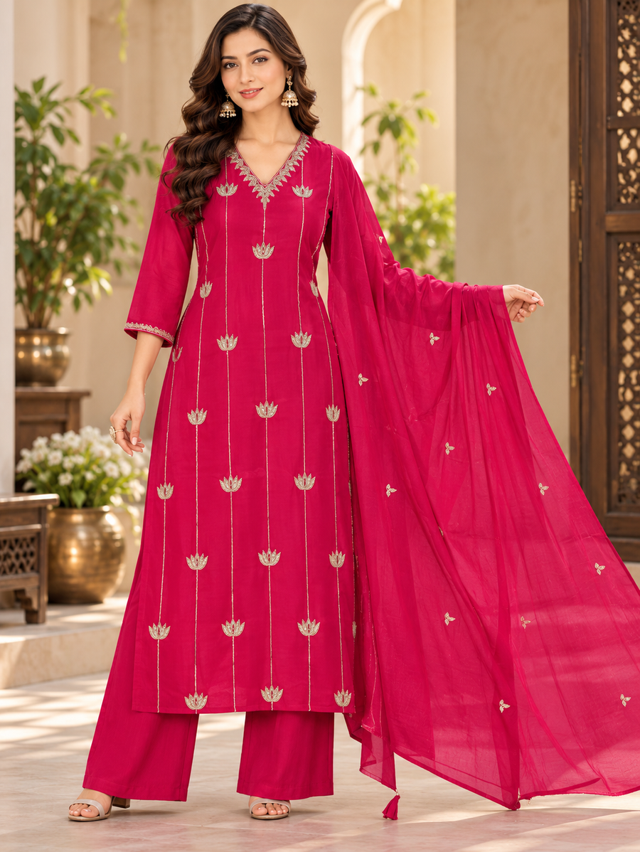 Women's Rani Pink Premium Fine Cotton Kurti Pant Dupatta Set with Real Mirror & Thread Work
