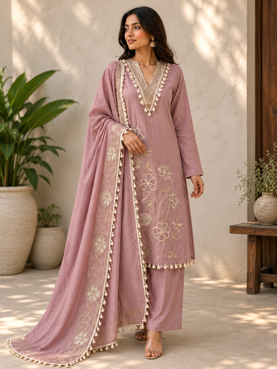 Women's Mauve Mul Chanderi Embroidered Designer Suit Set with Dupatta