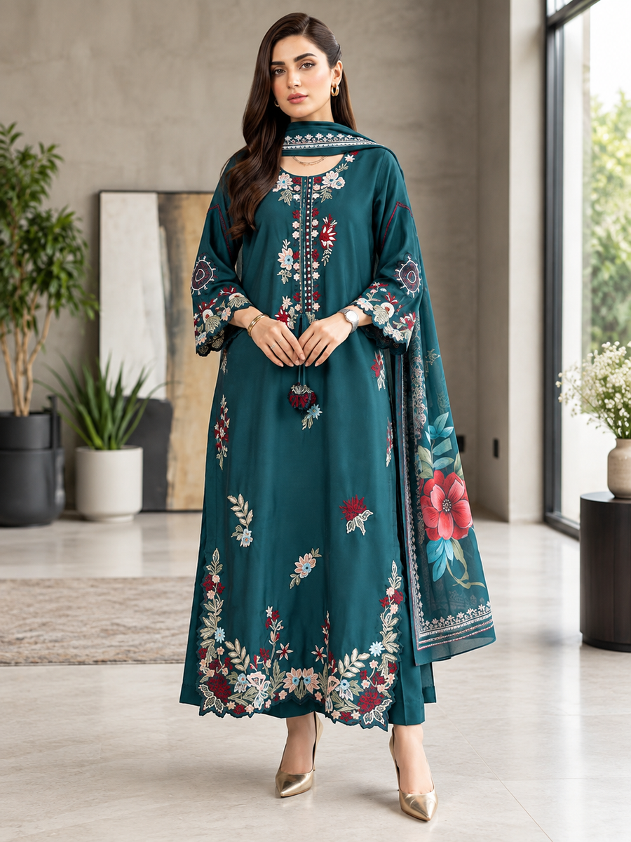 Women's Teal Blue Heavy Cotton Floral Embroidered Kurti Pant Dupatta Set