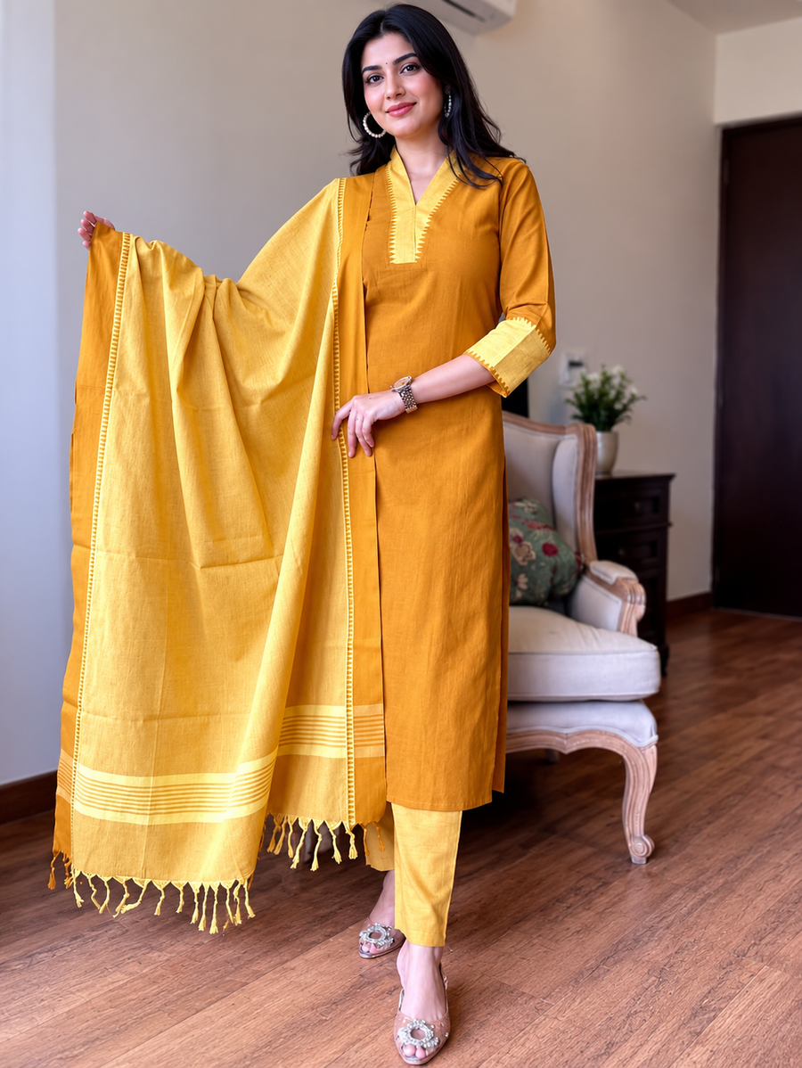 Women's Mustard Yellow South Cotton Handloom Kurti Set with Temple Border